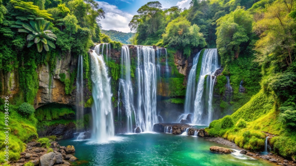Fototapeta premium Majestic Waterfall Plunging into Emerald Pool, Lush Foliage, Tranquil Nature, Waterfalls, Nature, Landscape, Beauty