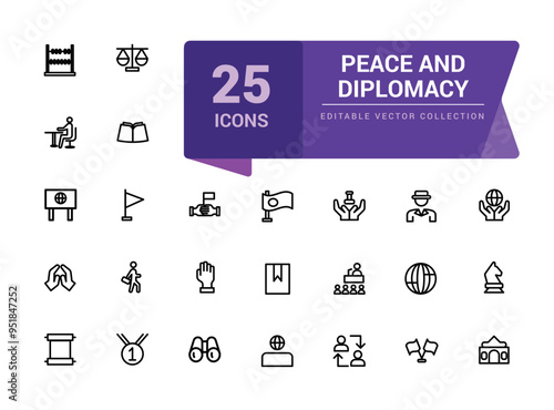 Peace and diplomacy outline icons. Related to international relations. Pixel perfect, minimalistic web and UI icon. Outline icon collections.