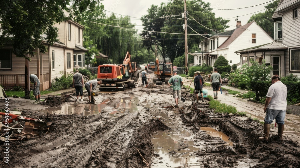 Team of workers laboring in a waterlogged, muddy neighborhood under power lines, working on storm recovery and infrastructure repair.