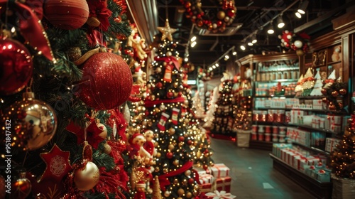 A bustling and festive shop decorated with Christmas trees, ornaments, and lights, creating a joyful holiday ambience filled with warmth and cheer.