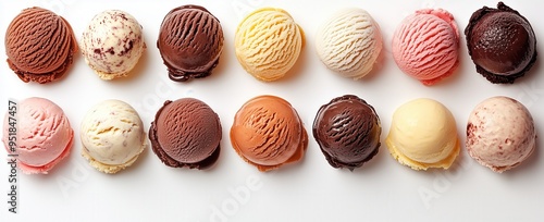 Top view of various ice cream scoops isolated on a white background