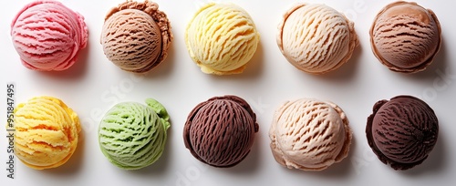 Top view of various ice cream scoops isolated on a white background