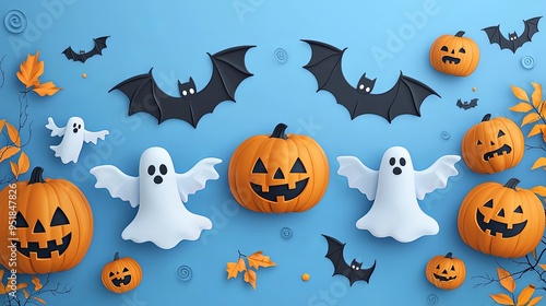 A charming Halloween image featuring adorable ghosts, carved pumpkins, friendly bats, and autumn leaves all set against a bright blue background, evoking a fun atmosphere.