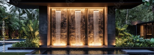 Waterfall wall fountain with lights in a modern garden, front view