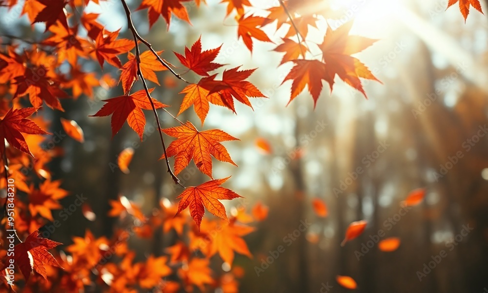 autumn leaves falling, vibrant orange and red hues, soft focus, sun rays creating bokeh autumn leaves falling, vibrant orange and red hues, soft focus, sun rays creating bokeh