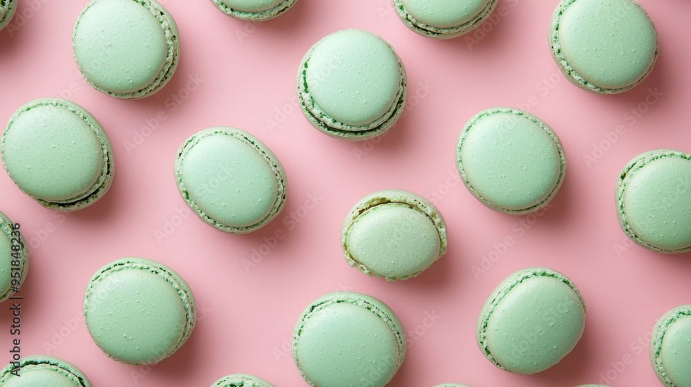 Mint macaroons in a row on pink background,french macaroons,Paris Pastry macaron green tea,Pastry shop card with copy space,french macaroons,bakery and branding concept,copy space. Mint macaroons in a row on pink background,french macaroons,Paris Pastry macaron green tea,Pastry shop card with copy space,french macaroons,bakery and branding concept,copy space.