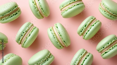 Wallpaper Mural Mint macaroons in a row on pink background,french macaroons,Paris Pastry macaron green tea,Pastry shop card with copy space,french macaroons,bakery and branding concept,copy space. Torontodigital.ca