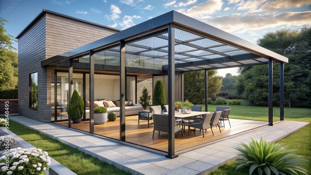 Modern Glass Roof Patio Extension with Stone Wall, 3D Rendering, Outdoor Design, Patio Furniture, , patio design, modern house Modern Glass Roof Patio Extension with Stone Wall, 3D Rendering, Outdoor Design, Patio Furniture, , patio design, modern house