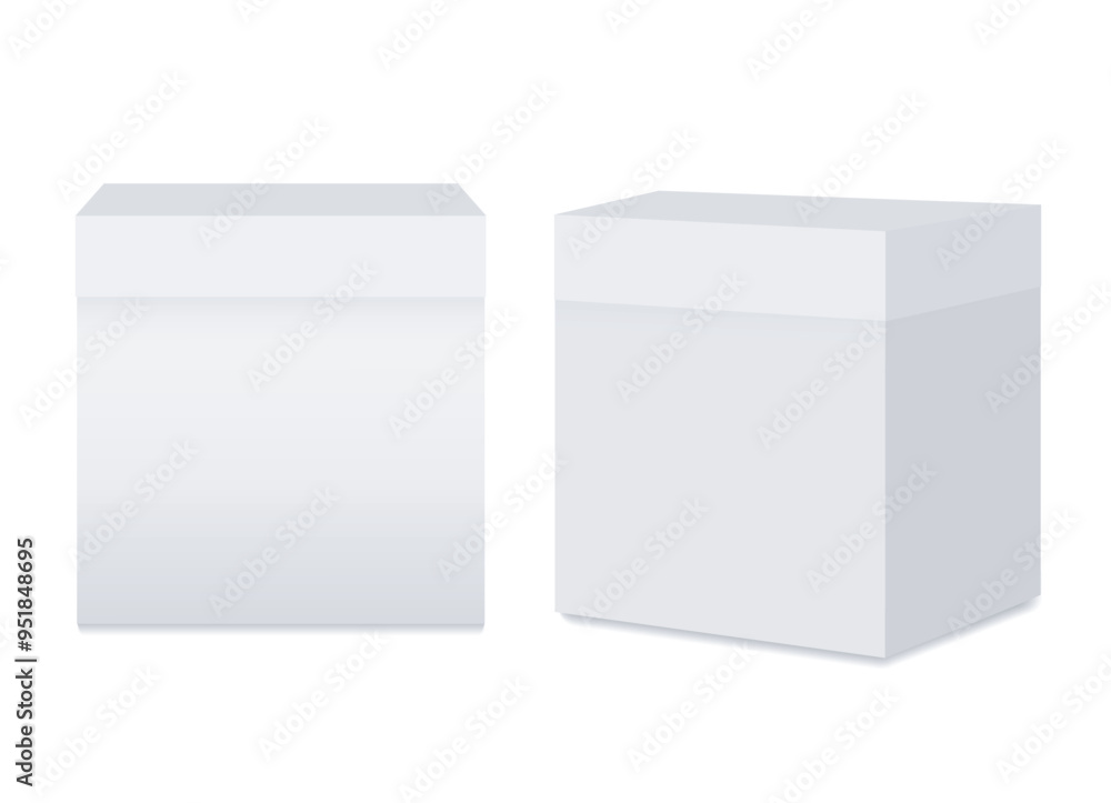Two square closed boxes. White cardboard packagings with lid. Vector 3d realistic Mockup. Blank template. Front and side view. EPS10. Two square closed boxes. White cardboard packagings with lid. Vector 3d realistic Mockup. Blank template. Front and side view. EPS10.