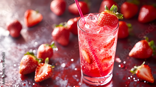 strawberry juice with ice, garnished with a strawberry slice soda photo