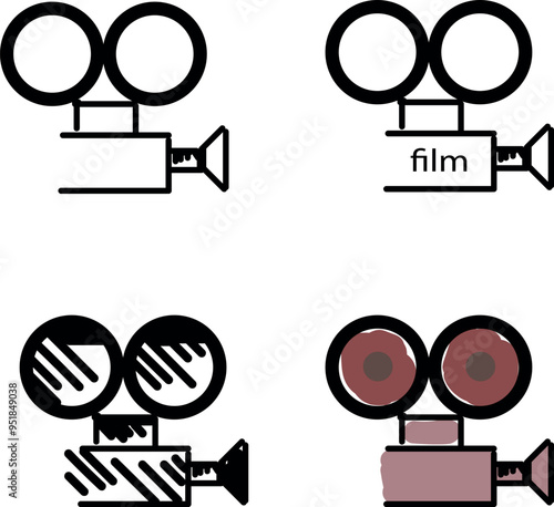 A set of logos or icons in the form of video cameras with reels.