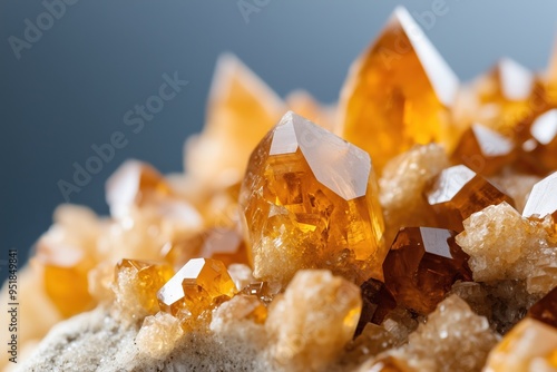 High-resolution macro shot of citrine crystals on a rocky surface photo