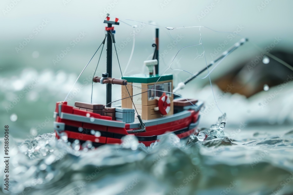 Obraz premium Red toy fishing boat with fishing nets sailing on rough sea waves