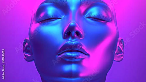 Futuristic close-up of a model's face illuminated by vibrant neon colors