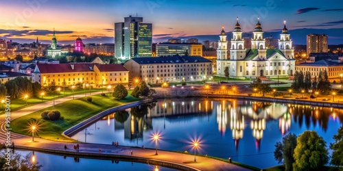 Night Reflections of the Cathedral and Cityscape, Vilnius, Lithuania, Europe, cityscape, reflection, cathedral