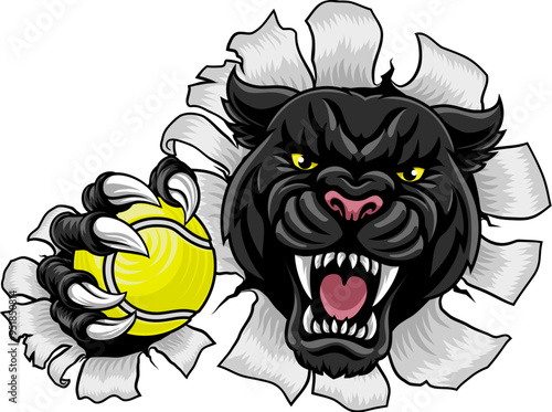 Black panther leopard or jaguar cat tennis sports team mascot holding a ball photo