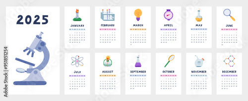 Cute calendar template for 2025 year with chemistry and laboratory cartoon clipart. Calendar grid with weeks starts on Monday for kids nursery. Horizontal monthly calender layout for planning