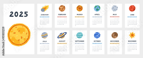 Cute calendar template for 2025 year with cartoon clipart of planets of Solar System. Calendar grid with weeks starts on Monday for kids nursery. Horizontal monthly calender layout for planning