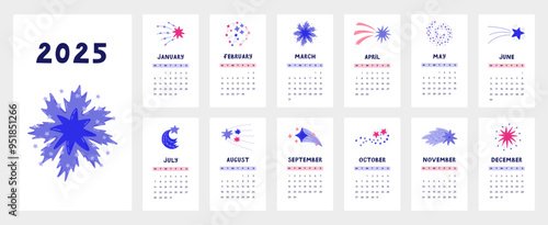 Cute calendar template for 2025 year with cartoon clipart of star dust, falling star. Calendar grid with weeks starts on Monday for kids nursery. Horizontal monthly calender layout for planning