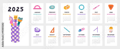 Cute calendar template for 2025 year with cartoon clipart of childish school stationery. Calendar grid with weeks starts on Monday for kids nursery. Horizontal monthly calender layout for planning