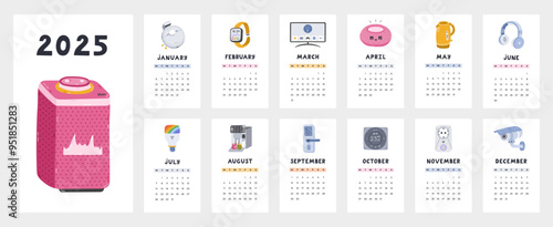 Cute calendar template for 2025 year with cartoon clipart of smart home and IoT devices. Calendar grid with weeks starts on Monday for kids nursery. Horizontal monthly calender layout for planning