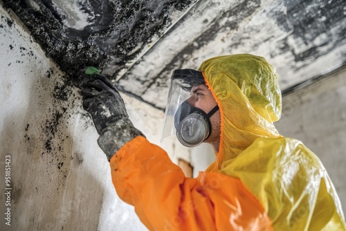 Worker in protective gear cleaning mold from inside a duct, ensuring safe air quality. photo