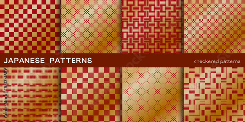 シームレスなパターン。チェック柄、日本の伝統模様、シンプルな幾何学模様。