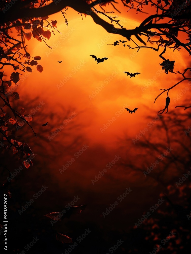 Eerie Halloween Sunset with Bats and Silhouetted Trees, Ideal for Spooky Backgrounds and Frightening Themes Eerie Halloween Sunset with Bats and Silhouetted Trees, Ideal for Spooky Backgrounds and Frightening Themes