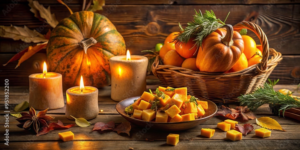 golden light rustic autumnal arrangement showcasing texture variance of roasted squash butternut dices scattered on vintage wooden table with warm inviting ambiance golden light rustic autumnal arrangement showcasing texture variance of roasted squash butternut dices scattered on vintage wooden table with warm inviting ambiance