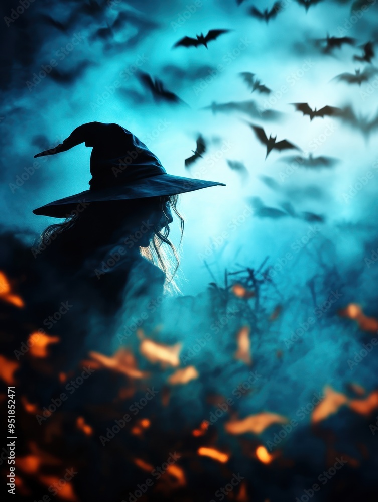 Fototapeta premium Blue Night with Flying Bats Over Halloween Trees, Ideal for Spooky Backgrounds and Creepy Nighttime Scenes