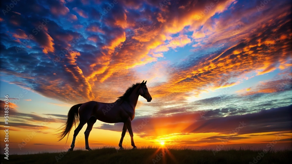 Silhouette of a Horse Against a Dramatic Sunset Sky, digital art, fiery sunset clouds, freedom, horse , sunset , clouds Silhouette of a Horse Against a Dramatic Sunset Sky, digital art, fiery sunset clouds, freedom, horse , sunset , clouds