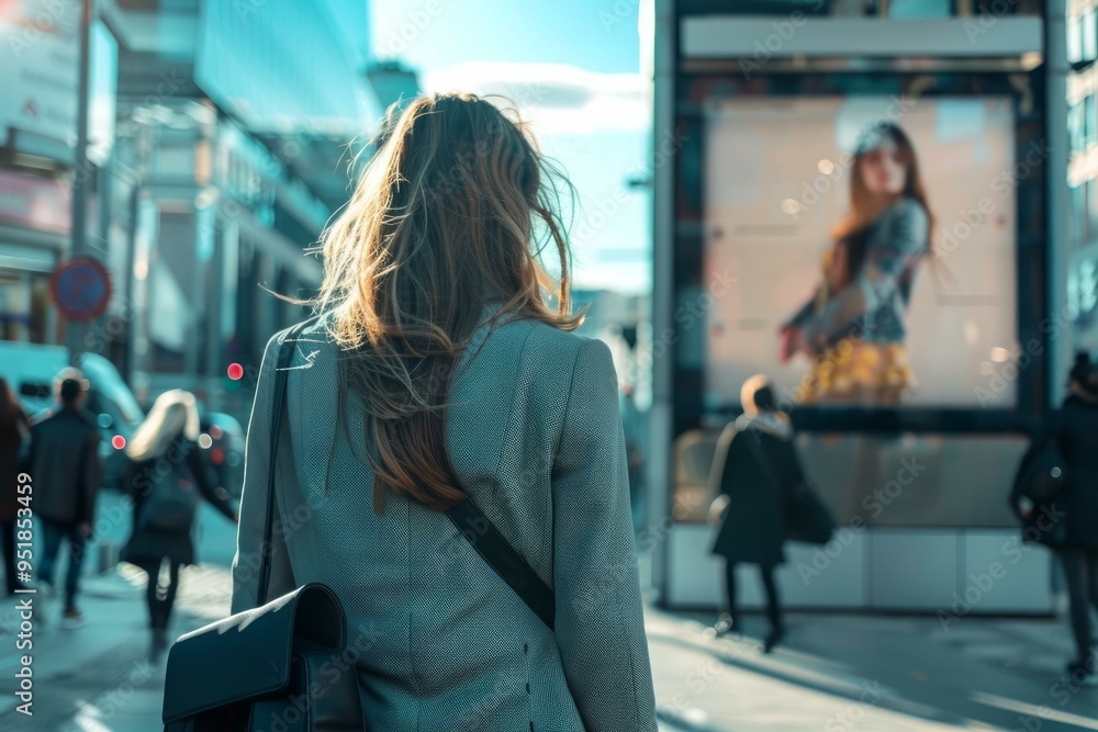 Obraz premium Businesswoman is walking on a busy city street, ignoring a shop window displaying a fashion advertisement