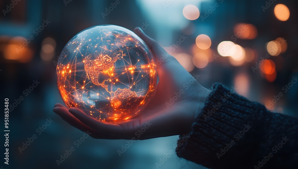 A person holding the Earth with digital connections and technology. A person holding the Earth with digital connections and technology.