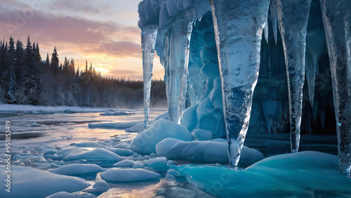 Majestic icicles hanging over a frozen river at sunset, with a winter forest in the background.