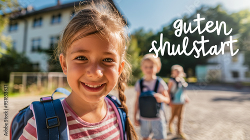 Kinder mit Rucksäcken lächeln vor Schule.