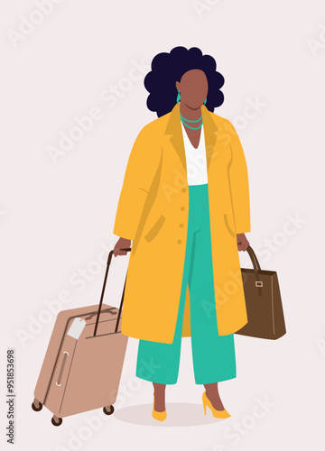 One Curvy Black Businesswoman In Elegant Outfit Holding A Luggage Bag Going For A Business Trip.