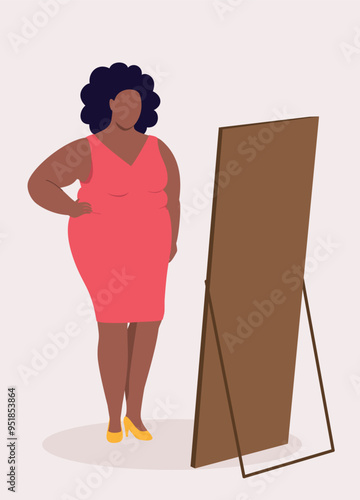 One Curvy Black Woman With Red Color Tight Fitting Dress Standing And Looking Confidently In Front Of A Mirror.