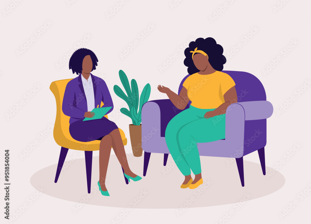Overweight Black Woman Sitting On Couch And Talking To Her Psychologist During A Psychotherapy Session. Overweight Black Woman Sitting On Couch And Talking To Her Psychologist During A Psychotherapy Session.