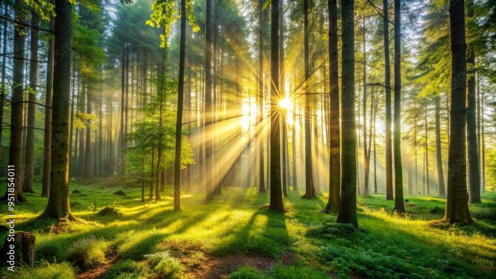 Sunbeams Illuminating a Misty Forest, Wide Shot, Sunlight Dappled Through Trees, Golden Hour, Nature, Forest, Sunlight Sunbeams Illuminating a Misty Forest, Wide Shot, Sunlight Dappled Through Trees, Golden Hour, Nature, Forest, Sunlight