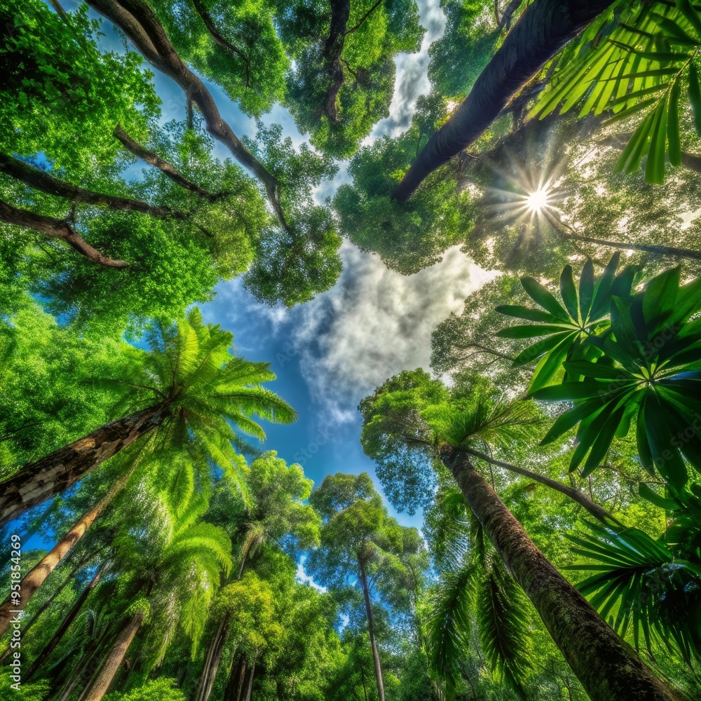 Naklejka premium Sunlight Filtering Through Lush Canopies, Low Angle View, Green Foliage, Blue Sky, Sunrays, Tropical Forest, Nature