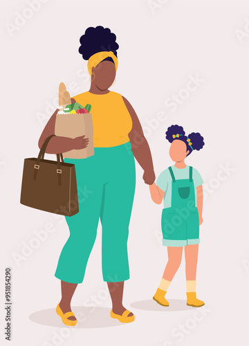 Plus Size Black Mother With Her Mixed Race Little Daughter Walking Together After Their Grocery Shopping.