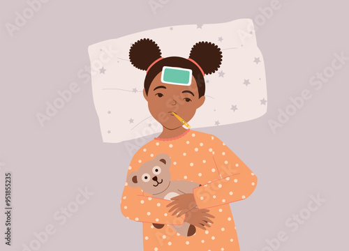 One Black Little Girl Lying Down With Cooling Gel Patch On Forehead And Taking An Oral Temperature With A Digital Thermometer.