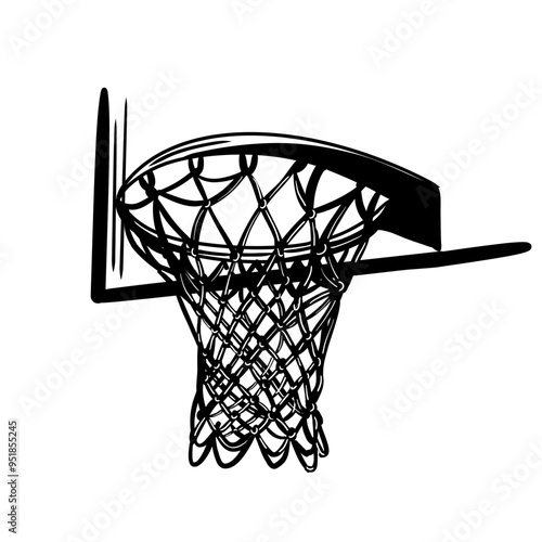 Hand drawn basket for basketball sport game in sketch style. Basketball vector illustration for poster, ticket, ad, banner. Black and white drawing isolated on transparent background.