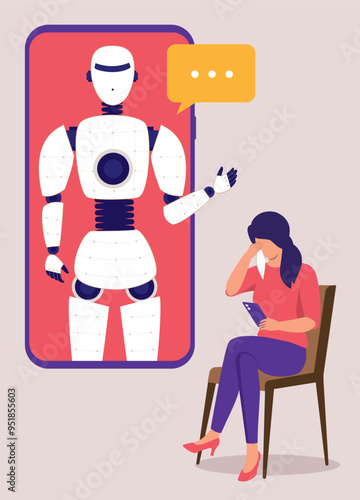 One Young Woman Sitting On Chair With Handphone And Tissue Crying During An Online Psychotherapy Session With Her AI Psychologist Chatbot.