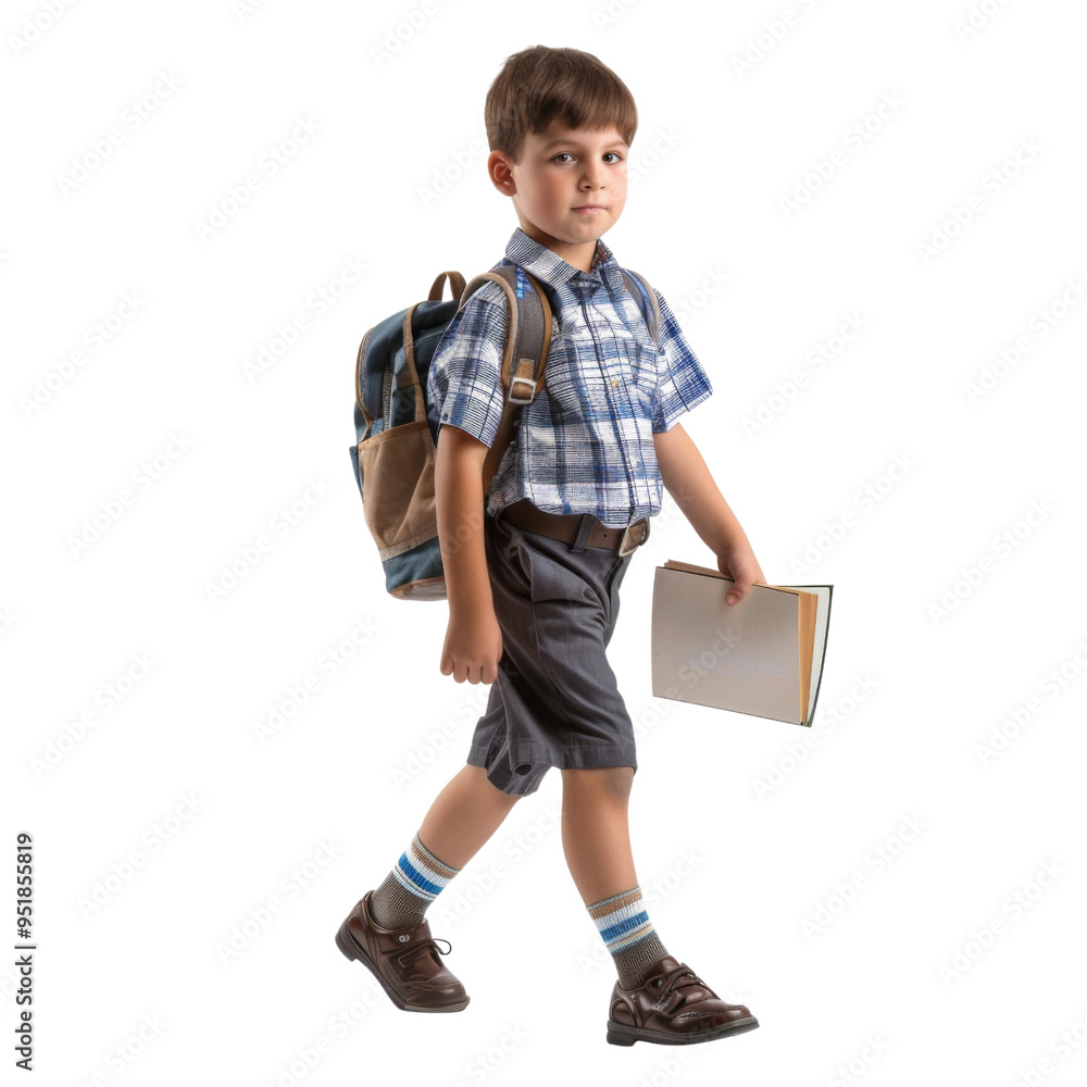 Student child boy wears school uniform holding book with walking back to school, isolated on transparent or white background Student child boy wears school uniform holding book with walking back to school, isolated on transparent or white background