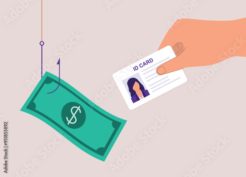 Concept Of Identity Theft Phishing. A Fishing Hook With Money Trying To Steal The Victim With A Female ID Card.