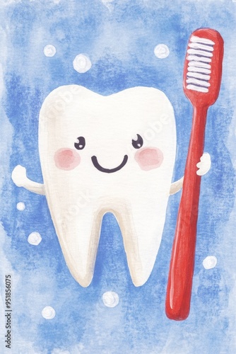 Watercolor texture soft pastel colors friendly cartoon tooth character with a toothbrush bubbles around the tooth gentle and playful vibe light blue and white palette