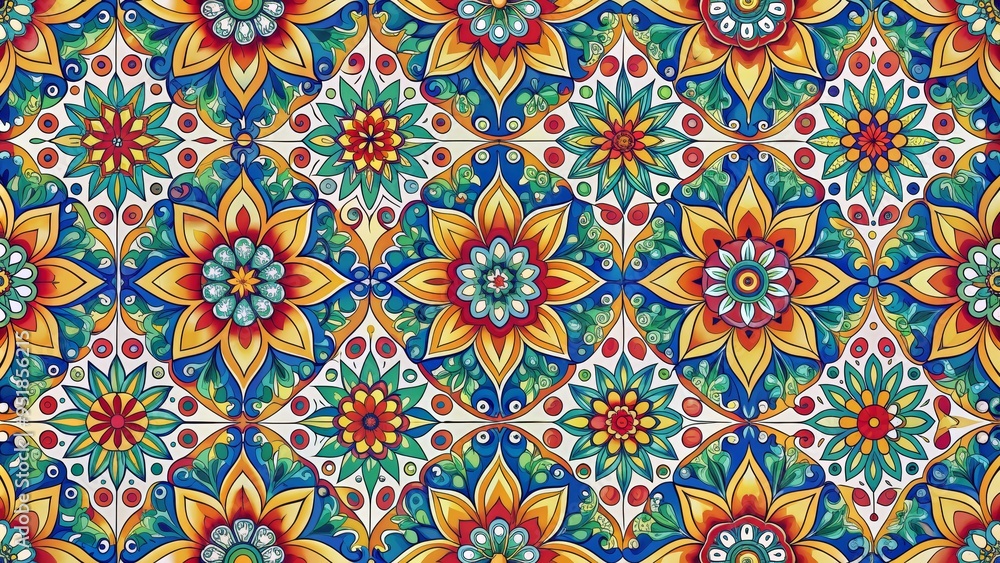 Vibrant Floral Tile Pattern in Blue, Yellow, and Red, Digital Illustration, Italian Tile, Majolica , floral pattern Vibrant Floral Tile Pattern in Blue, Yellow, and Red, Digital Illustration, Italian Tile, Majolica , floral pattern