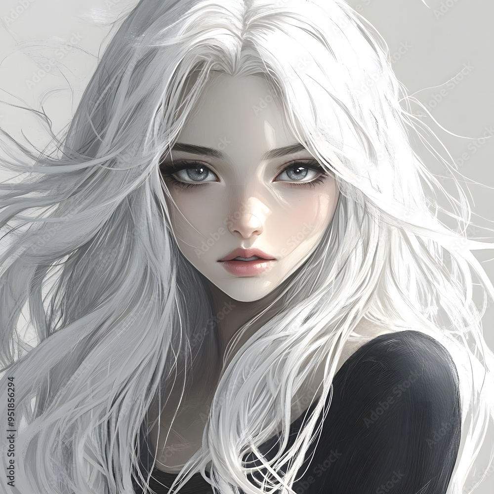 Fototapeta premium Beautiful Anime Girl with White Hair in Black and Gray Pencil Art