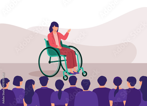 Disabled Female Guest Speaker In Wheelchair Giving A Motivational Talk On Stage In Front Of A Group Of People At The Conference. 